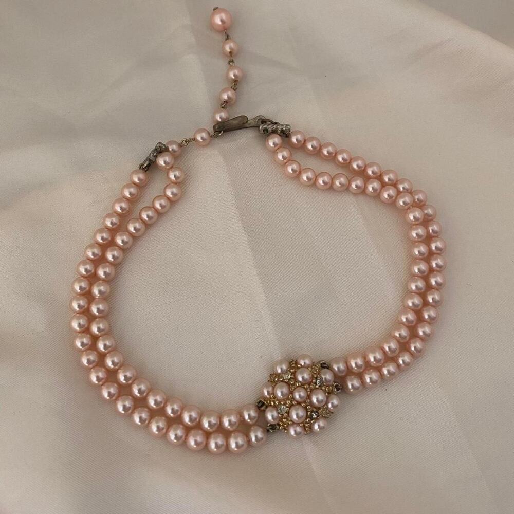 Vintage Two strands faux light pink Pearl choker bridgerton style
